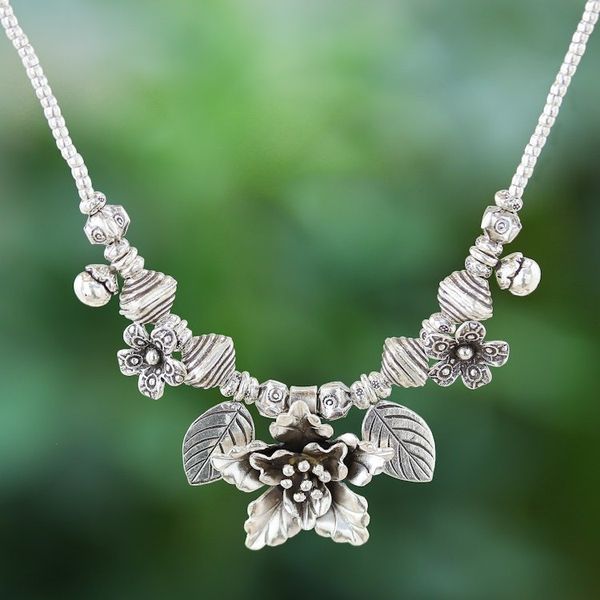 Alternate image for Floral Leaf Hill Tribe 950 Silver Beaded Pendant Necklace Exotic Bouquet