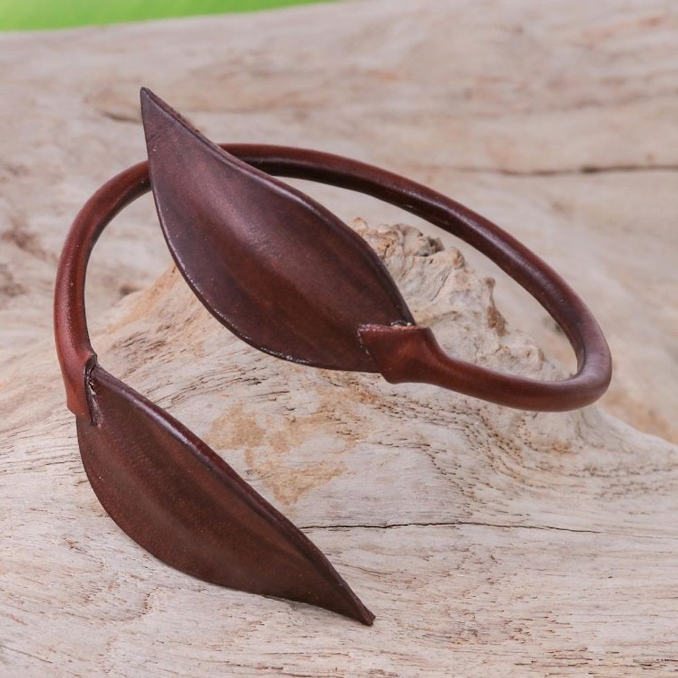 Leafy Leather Wrap Bracelet in Chestnut from Thailand 'Forest Embrace in Chestnut'