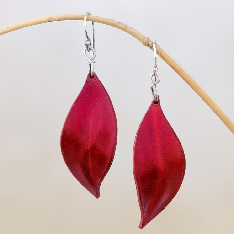 Leaf-Shaped Leather Dangle Earrings in Red from Thailand 'Fanciful Leaves in Red'