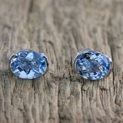 Alternate image for Rhodium Plated Blue Topaz Stud Earrings from Thailand Precious Gift
