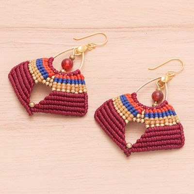 Alternate image for Handcrafted Carnelian Macrame Dangle Earrings in Red Red Flight