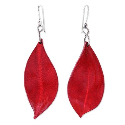 Alternate image for Leaf-Shaped Leather Dangle Earrings in Red from Thailand Fanciful Leaves in Red