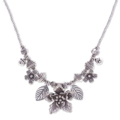 Alternate image for Floral  Leaf Hill Tribe 950 Silver Beaded Pendant Necklace Exotic Bouquet