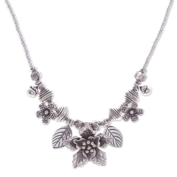 Alternate image for Floral Leaf Hill Tribe 950 Silver Beaded Pendant Necklace Exotic Bouquet