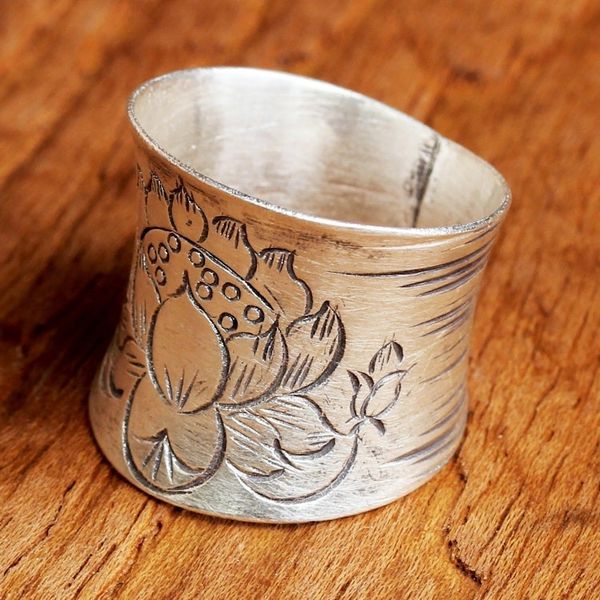 Alternate image for Sterling Silver Etched Lotus Wrap Ring from Thailand Lanna Lotus