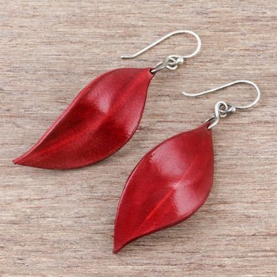 Alternate image for Leaf-Shaped Leather Dangle Earrings in Red from Thailand Fanciful Leaves in Red