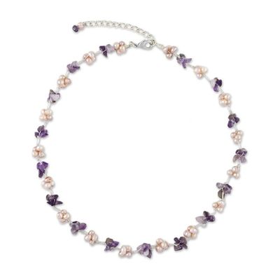 Alternate image for Artisan Crafted Amethyst and Pink Cultured Pearl Necklace Chiang Mai Spring