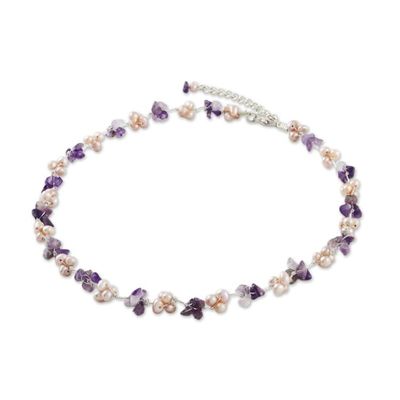 Alternate image for Artisan Crafted Amethyst and Pink Cultured Pearl Necklace Chiang Mai Spring