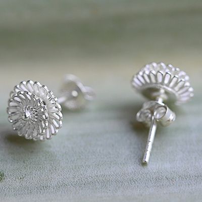 Alternate image for Hand Made Sterling Silver Stud Earrings Floral Thailand Zinnia Flowers
