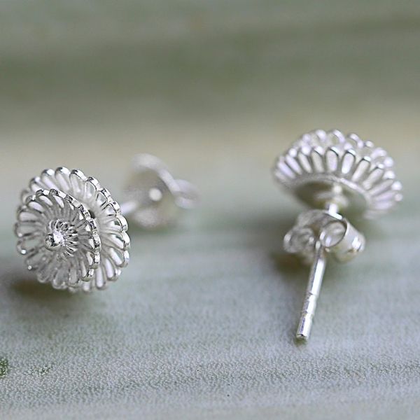 Alternate image for Hand Made Sterling Silver Stud Earrings Floral Thailand Zinnia Flowers