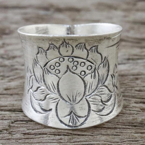 Alternate image for Sterling Silver Etched Lotus Wrap Ring from Thailand Lanna Lotus