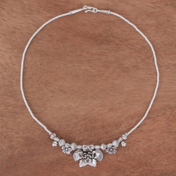 Alternate image for Floral Leaf Hill Tribe 950 Silver Beaded Pendant Necklace Exotic Bouquet