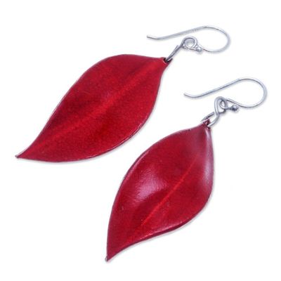 Alternate image for Leaf-Shaped Leather Dangle Earrings in Red from Thailand Fanciful Leaves in Red