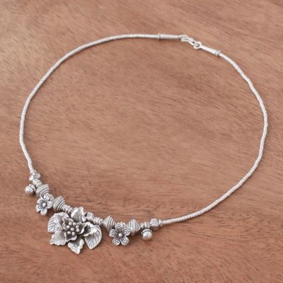 Alternate image for Floral  Leaf Hill Tribe 950 Silver Beaded Pendant Necklace Exotic Bouquet