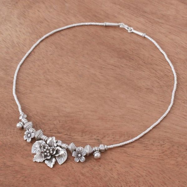 Alternate image for Floral Leaf Hill Tribe 950 Silver Beaded Pendant Necklace Exotic Bouquet