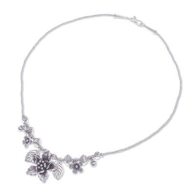 Alternate image for Floral  Leaf Hill Tribe 950 Silver Beaded Pendant Necklace Exotic Bouquet