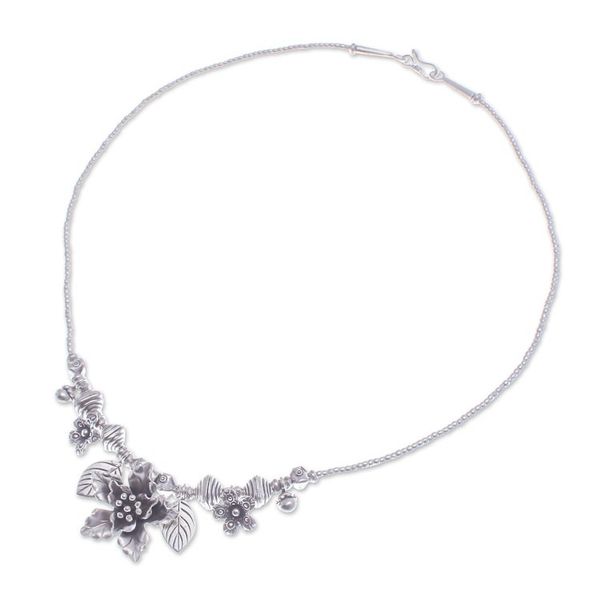 Alternate image for Floral Leaf Hill Tribe 950 Silver Beaded Pendant Necklace Exotic Bouquet