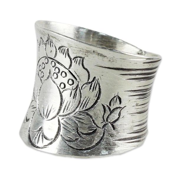 Alternate image for Sterling Silver Etched Lotus Wrap Ring from Thailand Lanna Lotus