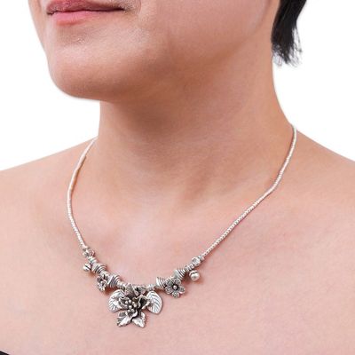 Alternate image for Floral  Leaf Hill Tribe 950 Silver Beaded Pendant Necklace Exotic Bouquet