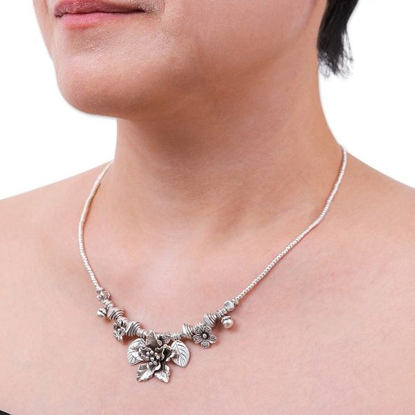 Alternate image for Floral Leaf Hill Tribe 950 Silver Beaded Pendant Necklace Exotic Bouquet