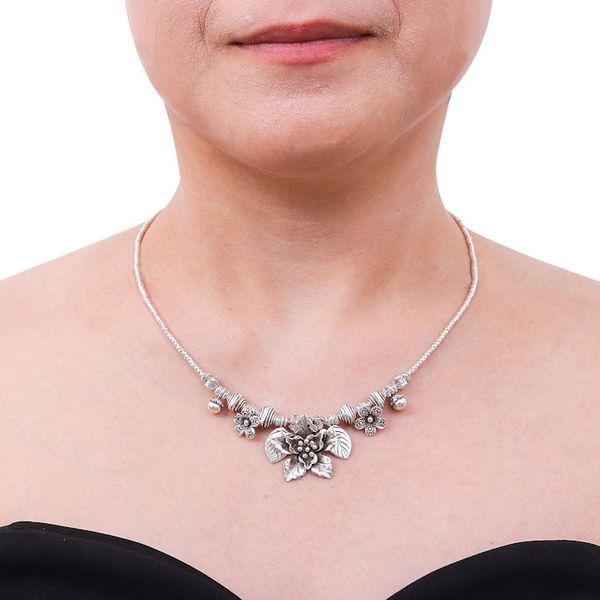 Alternate image for Floral Leaf Hill Tribe 950 Silver Beaded Pendant Necklace Exotic Bouquet
