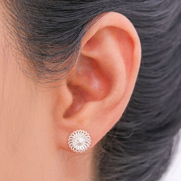 Alternate image for Hand Made Sterling Silver Stud Earrings Floral Thailand Zinnia Flowers