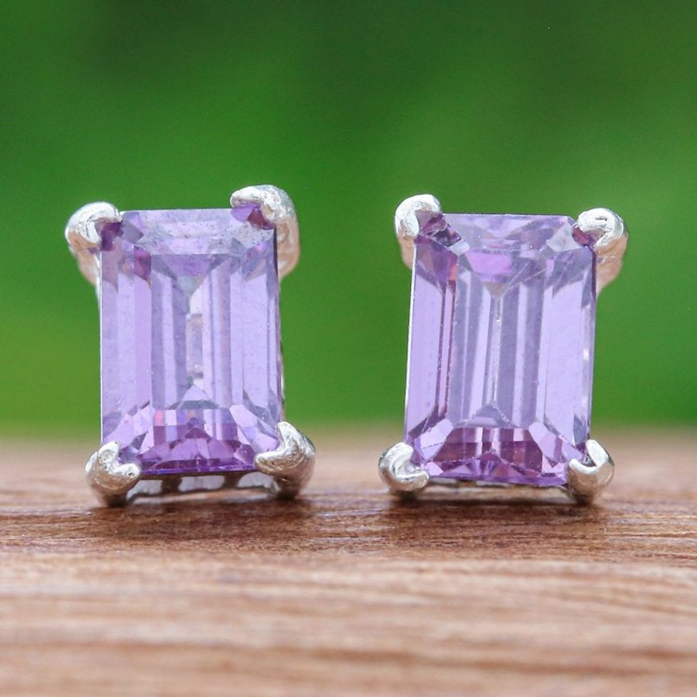 High-Polished Baguette-Shaped Amethyst Stud Earrings 'Purple Baroness'