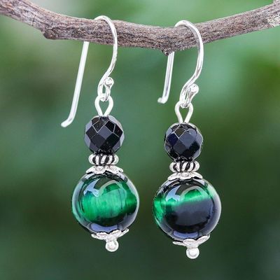 Alternate image for Hand Crafted Tigers Eye and Onyx Dangle Earrings Mystic Green
