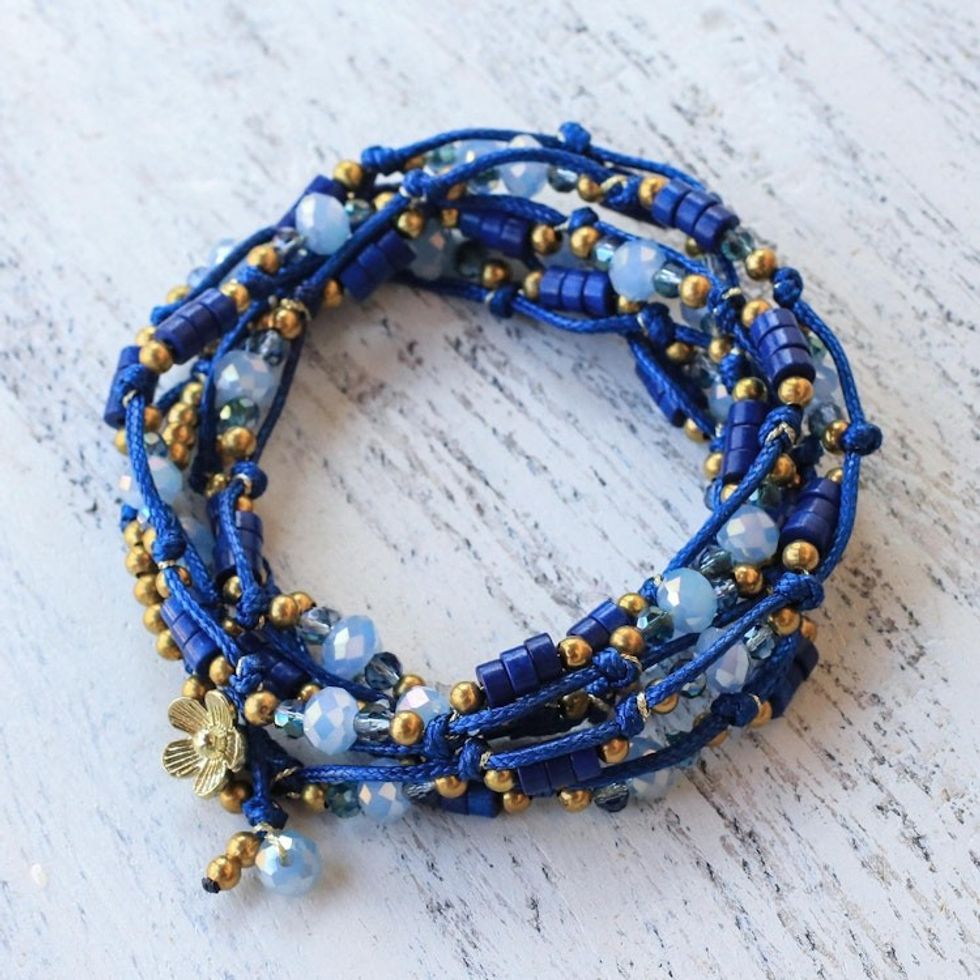 Blue Calcite and Glass Beaded Wrap Bracelet from Thailand 'Holiday Party'