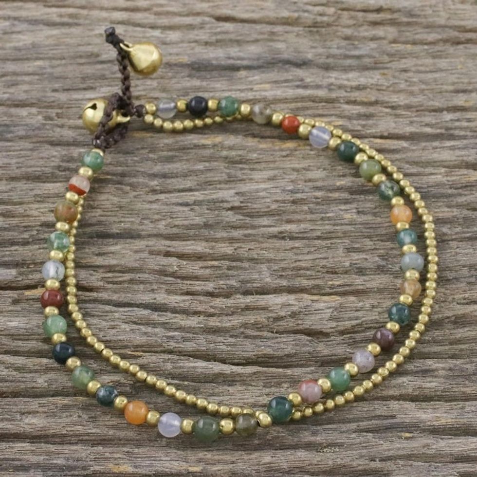 Handmade Multi-Color Agate Brass Beaded Anklet with Loop 'Valley of Color'