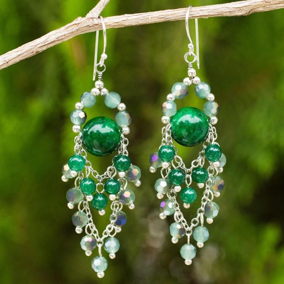 Green Quartz and Glass Bead Chandelier Style Earrings 'Brilliant Meteor'