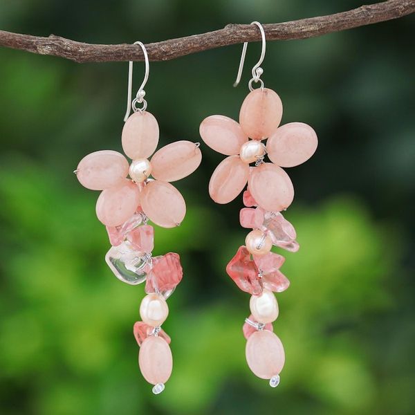 Alternate image for Pink Quartz and Cultured Pearl Floral Earrings Petal Passion in Pink