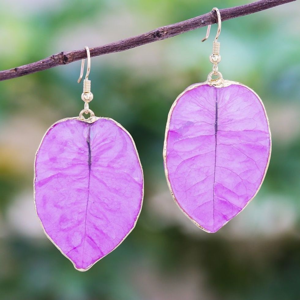 Gold Accented Natural Flower Dangle Earrings in Purple 'Bougainvillea Love in Purple'