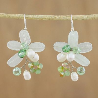 Alternate image for Green Quartz and Pearl Dangle Earrings from Thailand Elegant Flora in Green