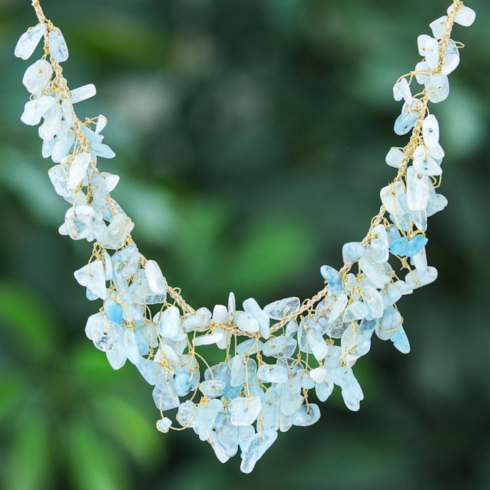 Handcrafted Aquamarine Beaded Waterfall Necklace in Blue 'Everlasting Waters'