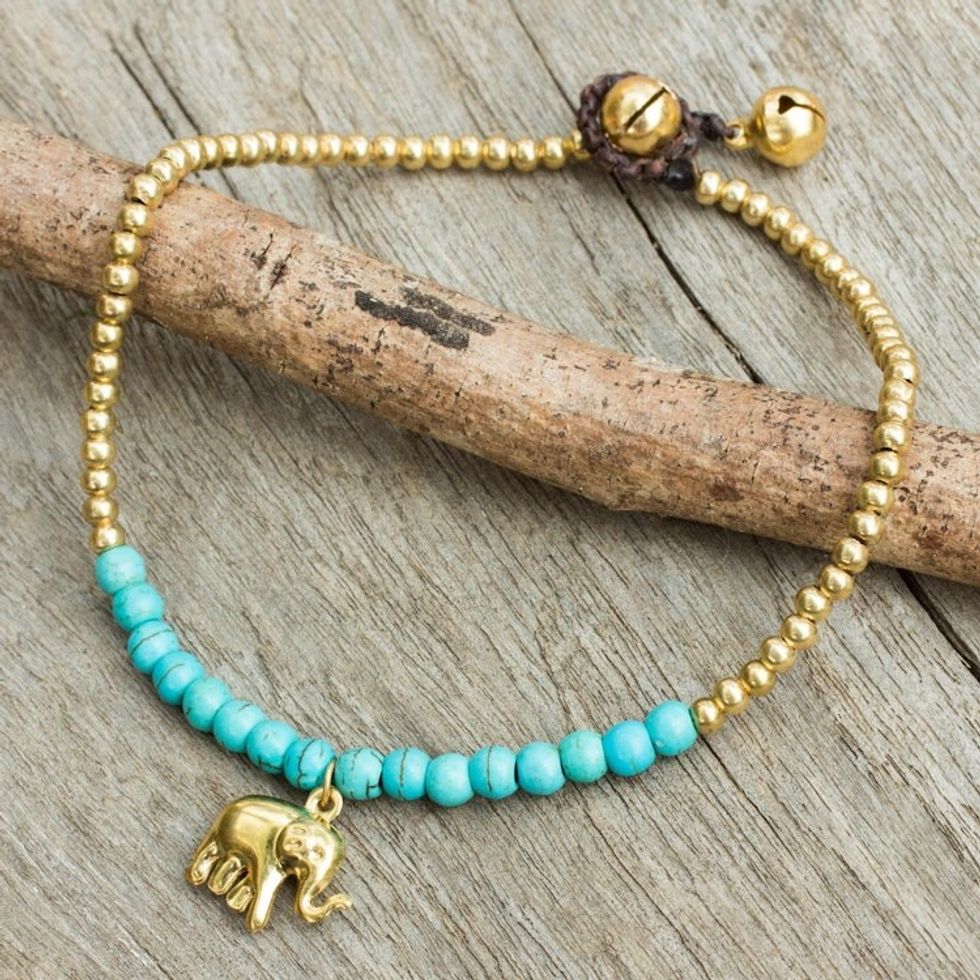 Blue Calcite Elephant Charm Beaded Brass Anklet 'Stylish Elephant'