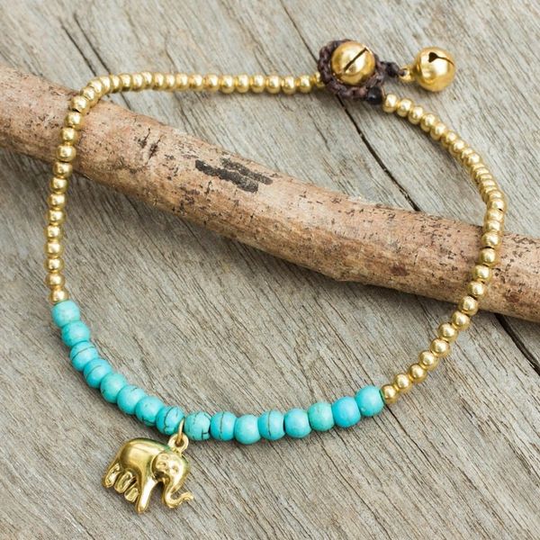 Alternate image for Blue Calcite Elephant Charm Beaded Brass Anklet Stylish Elephant