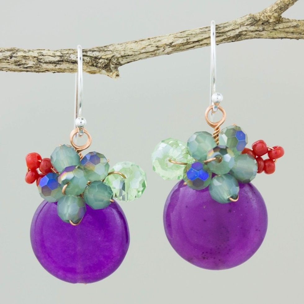 Purple Quartz and Glass Bead Dangle Earrings with Copper 'Moonlight Garden in Purple'