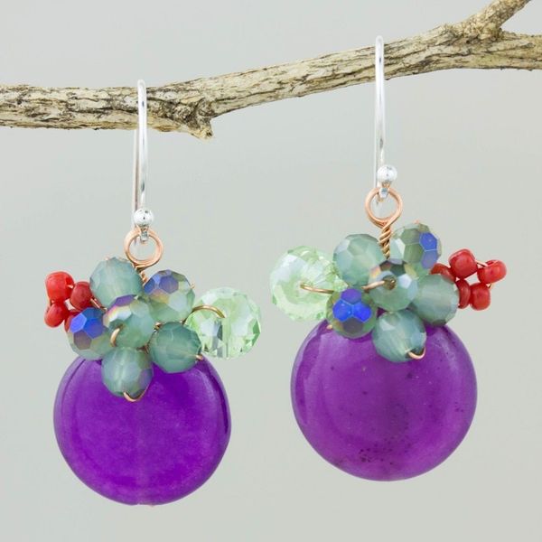 Alternate image for Purple Quartz and Glass Bead Dangle Earrings with Copper Moonlight Garden in Purple