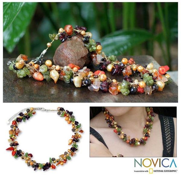 Alternate image for Colorful Multi Gemstone Beaded Necklace Sweet Floral Cascade