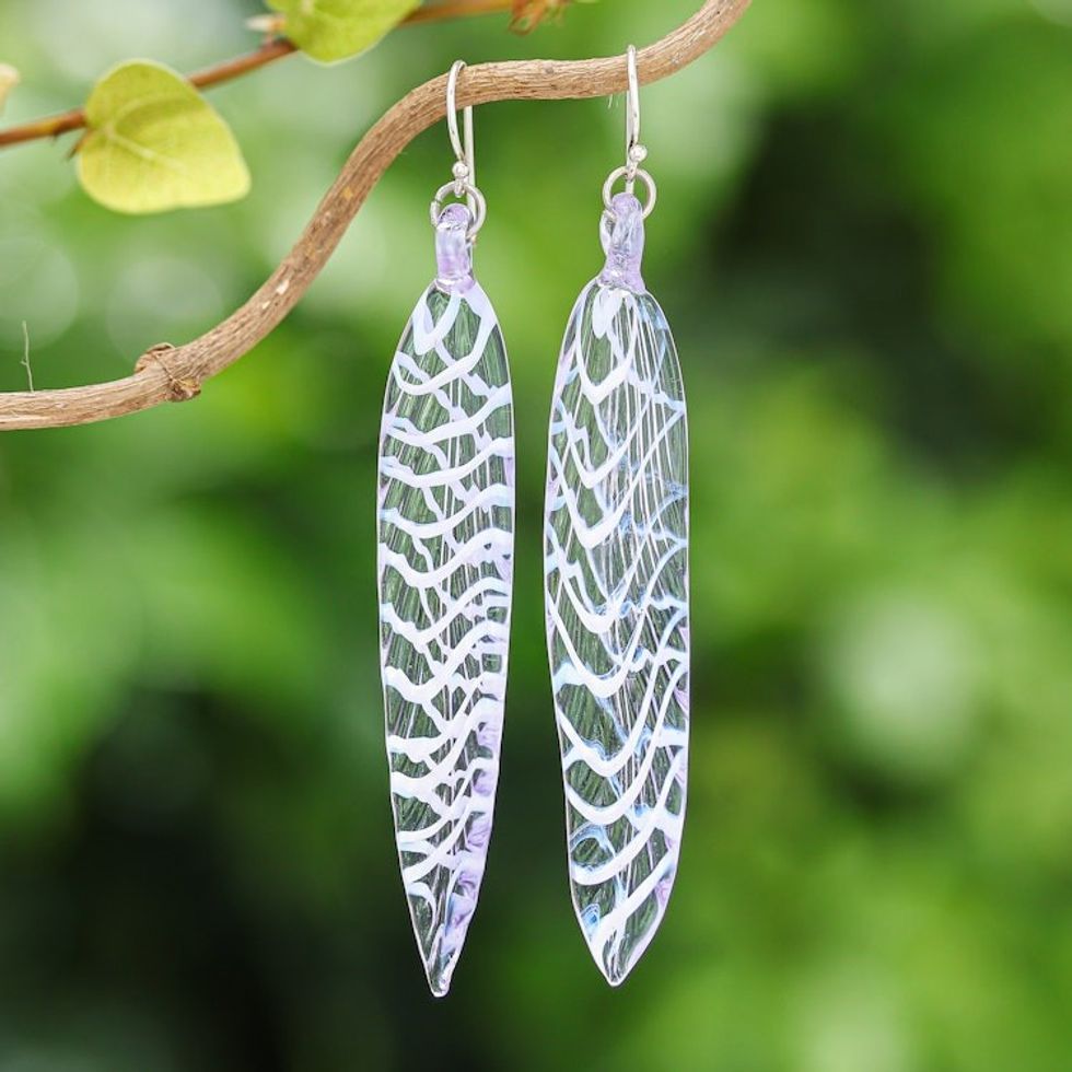 Handblown Leaf-Shaped Purple Glass Dangle Earrings 'Soul Leaf'