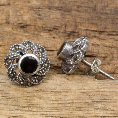 Primary image for Sterling Silver Vintage Earrings with Onyx and Marcasite Midnight Blooms