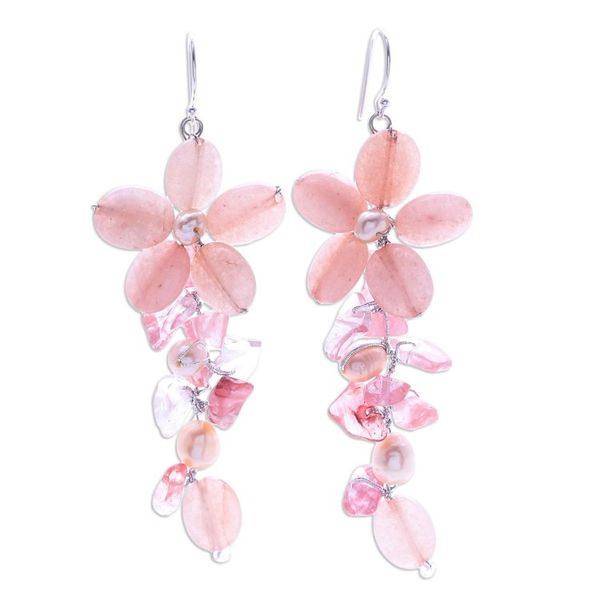 Alternate image for Pink Quartz and Cultured Pearl Floral Earrings Petal Passion in Pink