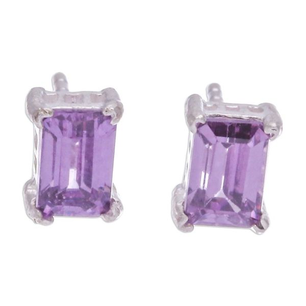 Alternate image for High-Polished Baguette-Shaped Amethyst Stud Earrings Purple Baroness