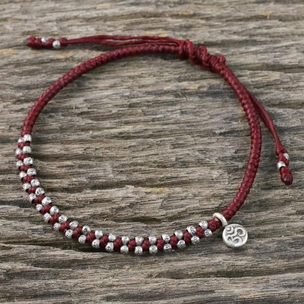 Hand Crafted Cord Bracelet in Red with 950 Silver 'Bohemian Life in Crimson'