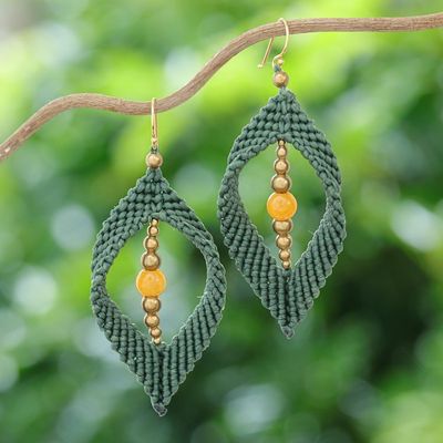 Alternate image for Yellow Quartz  Brass Beads Macrame Dangle Earrings in Green Green Drop