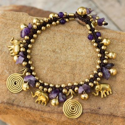 Alternate image for Hand Crafted Brass and Amethyst Elephant Charm Bracelet Splendor of Siam