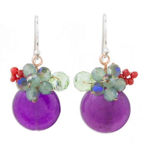 Alternate image for Purple Quartz and Glass Bead Dangle Earrings with Copper Moonlight Garden in Purple