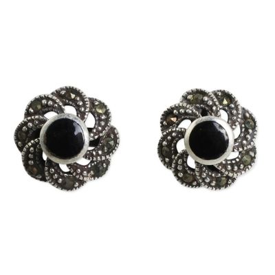 Alternate image for Sterling Silver Vintage Earrings with Onyx and Marcasite Midnight Blooms