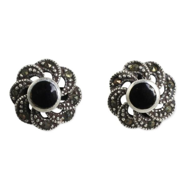 Alternate image for Sterling Silver Vintage Earrings with Onyx and Marcasite Midnight Blooms